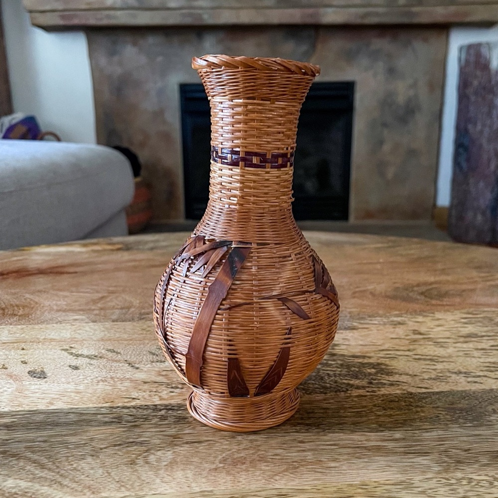 Vintage Chinese Zhejiang Wicker Bamboo Vase with Porcelain Liner